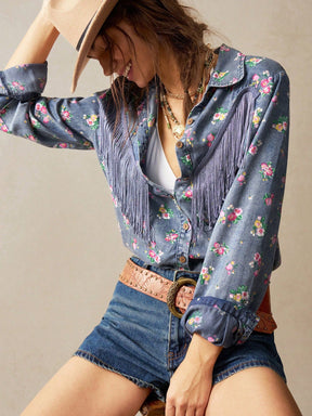 Camisa Floral Com Franja Janaina