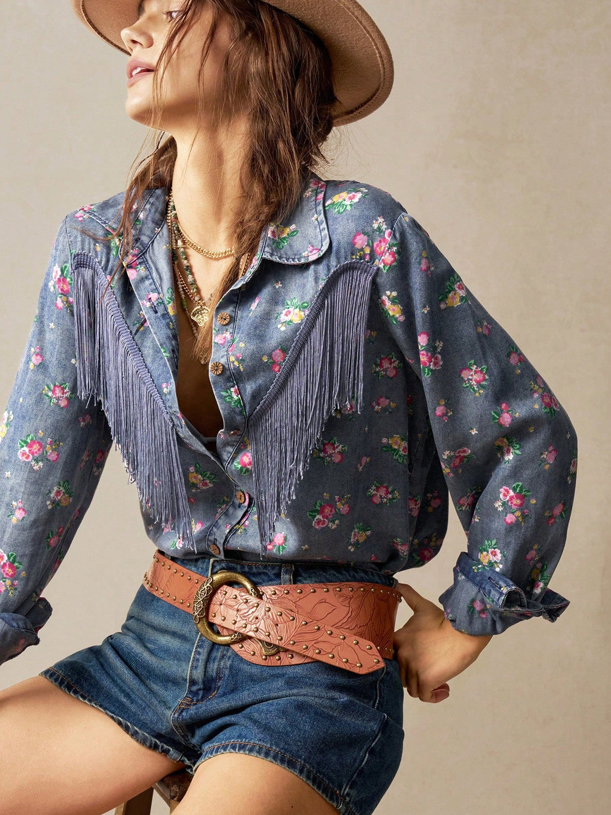 Camisa Floral Com Franja Janaina