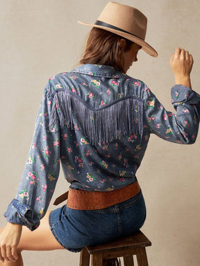 Camisa Floral Com Franja Janaina