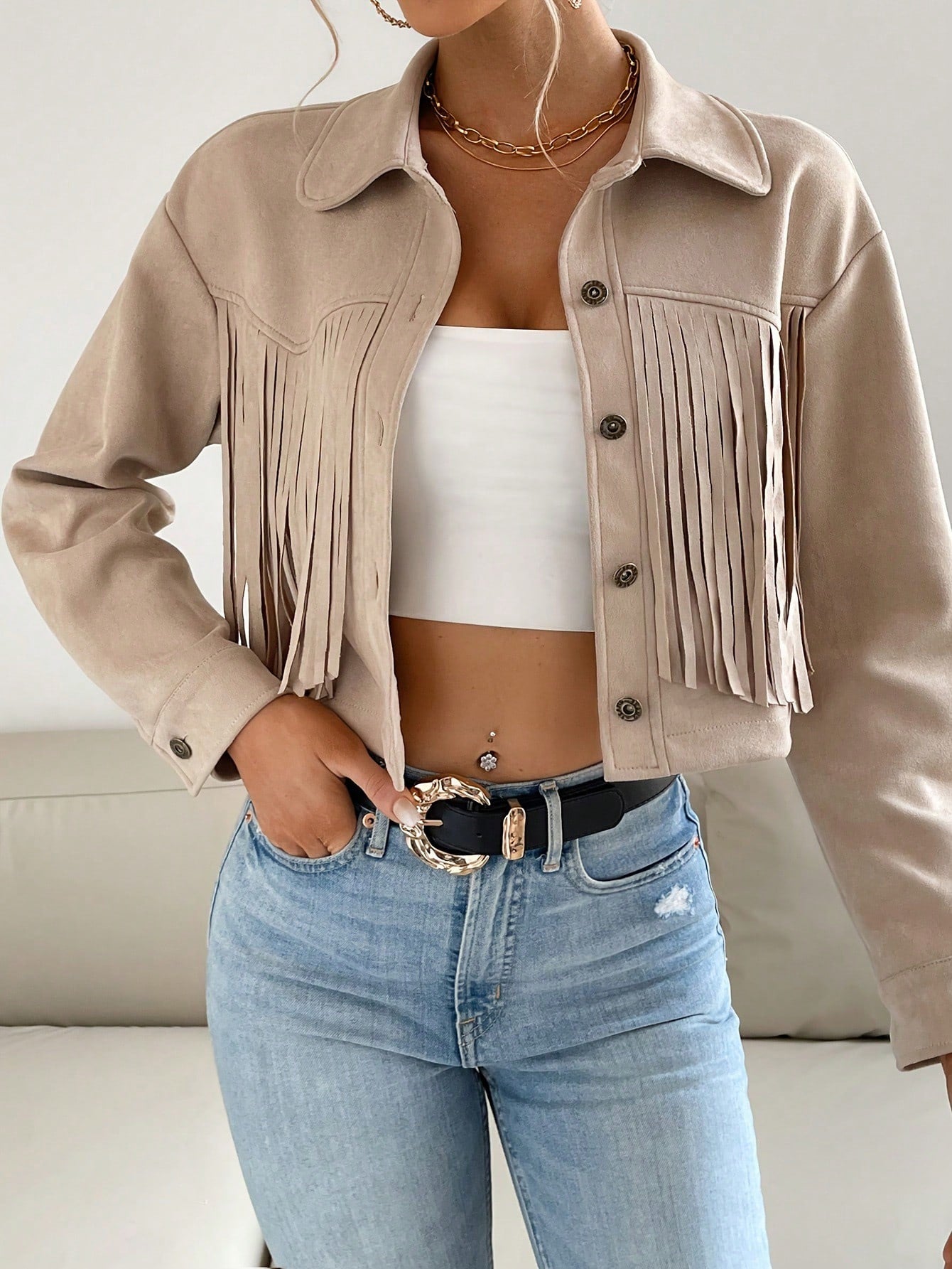 Jaqueta De Franja Cropped