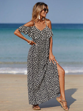 Vestido Longo Ombro à Mostra com Fenda e Estampa Floral