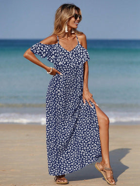 Vestido Longo Ombro à Mostra com Fenda e Estampa Floral